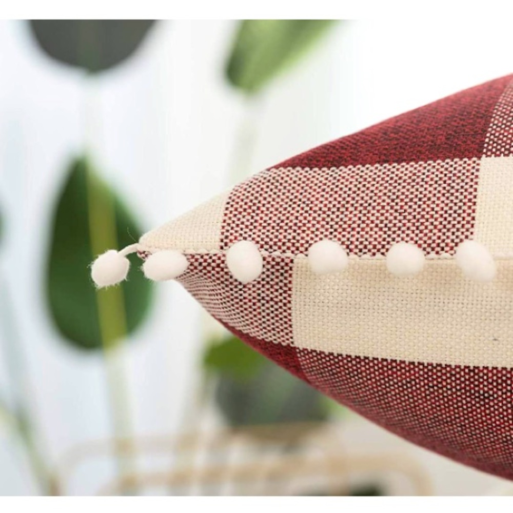 Classic Red/White Gingham Pompom Farmhouse Preppy Chic Cute Throw Pillow Covers - Picture 6 of 9
